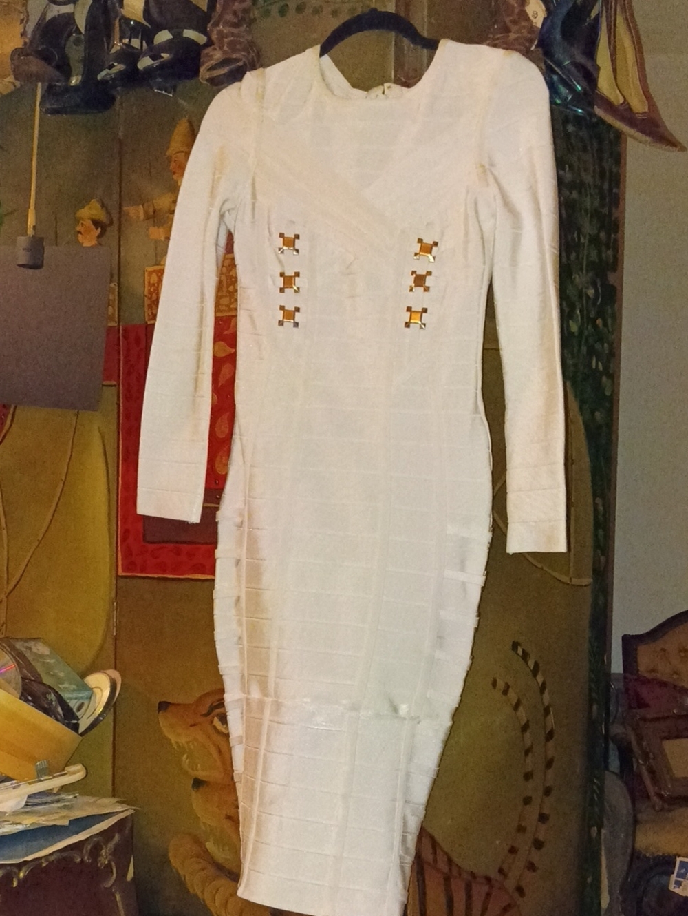 White Long-Sleeve Midi Dress with Gold Accent